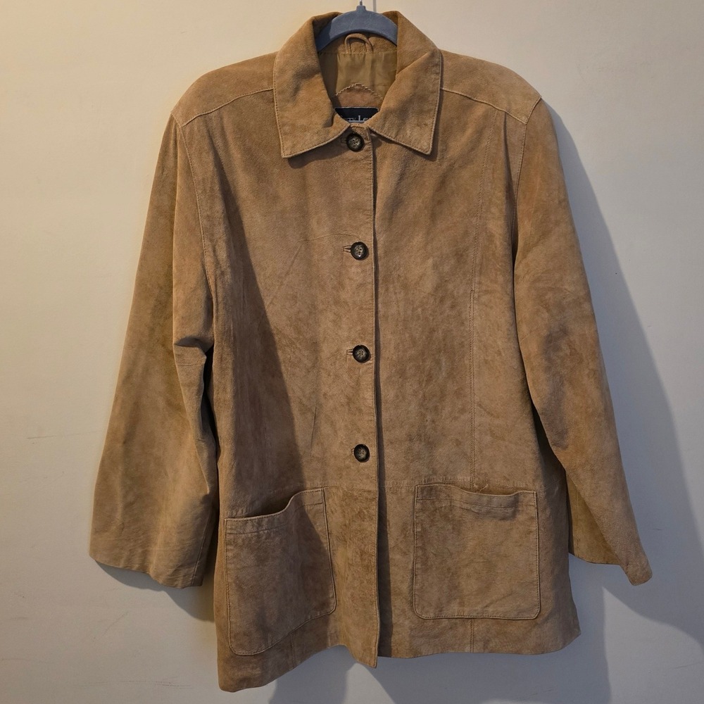 Terry Lewis Suede Leather Jacket Women 1X Tan Button Front Classic Barn Coat